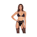 Straight Up 3-piece Sheer Striped Bra, Thong, And Garter Set Black M/l
