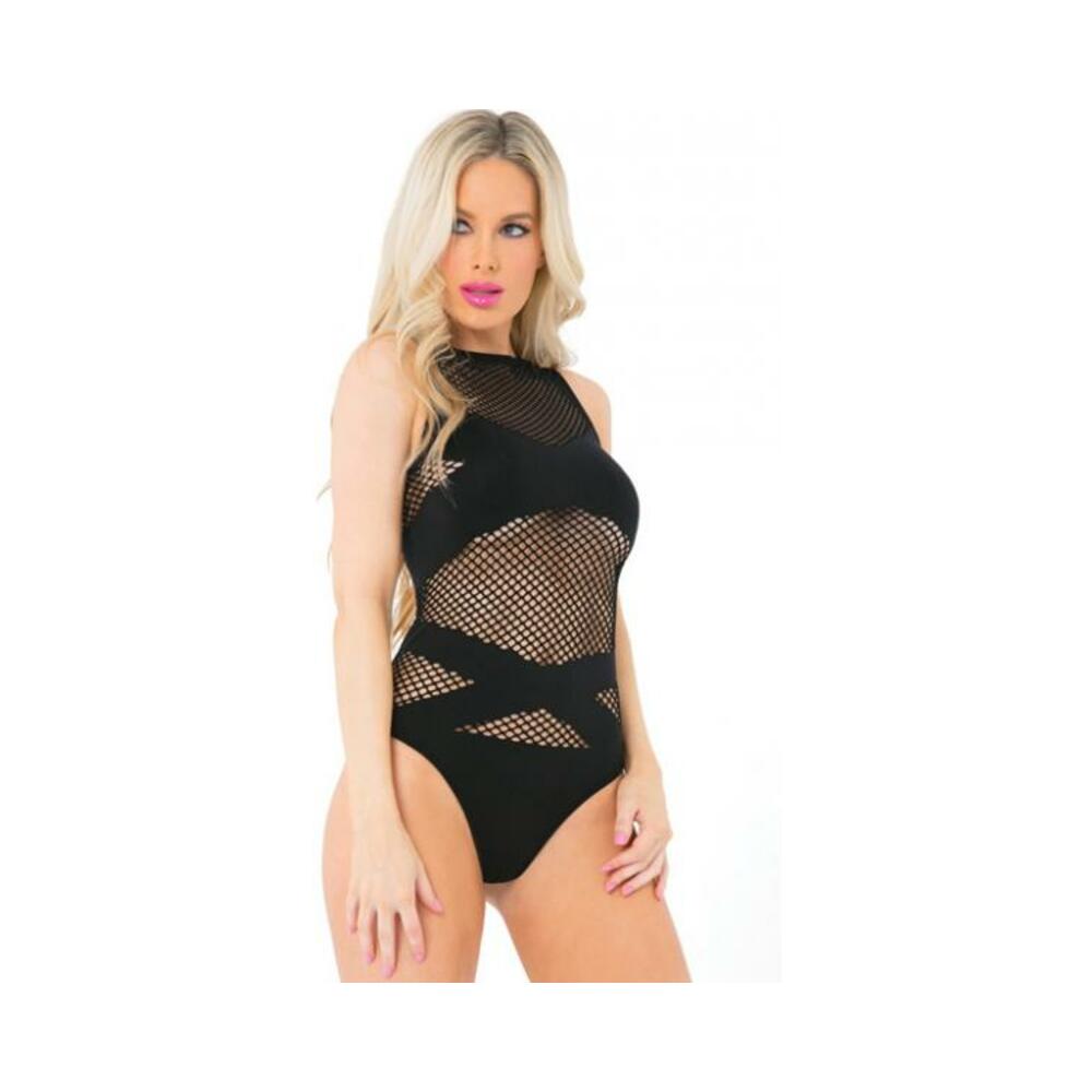 Pink Lipstick Criss Cross Fishnet Bodysuit Black O/S
