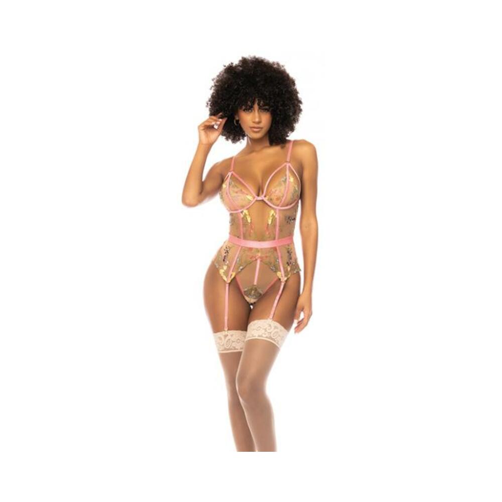 Floral Embroidered Teddy W/underwire Cup & Garters Pink Large