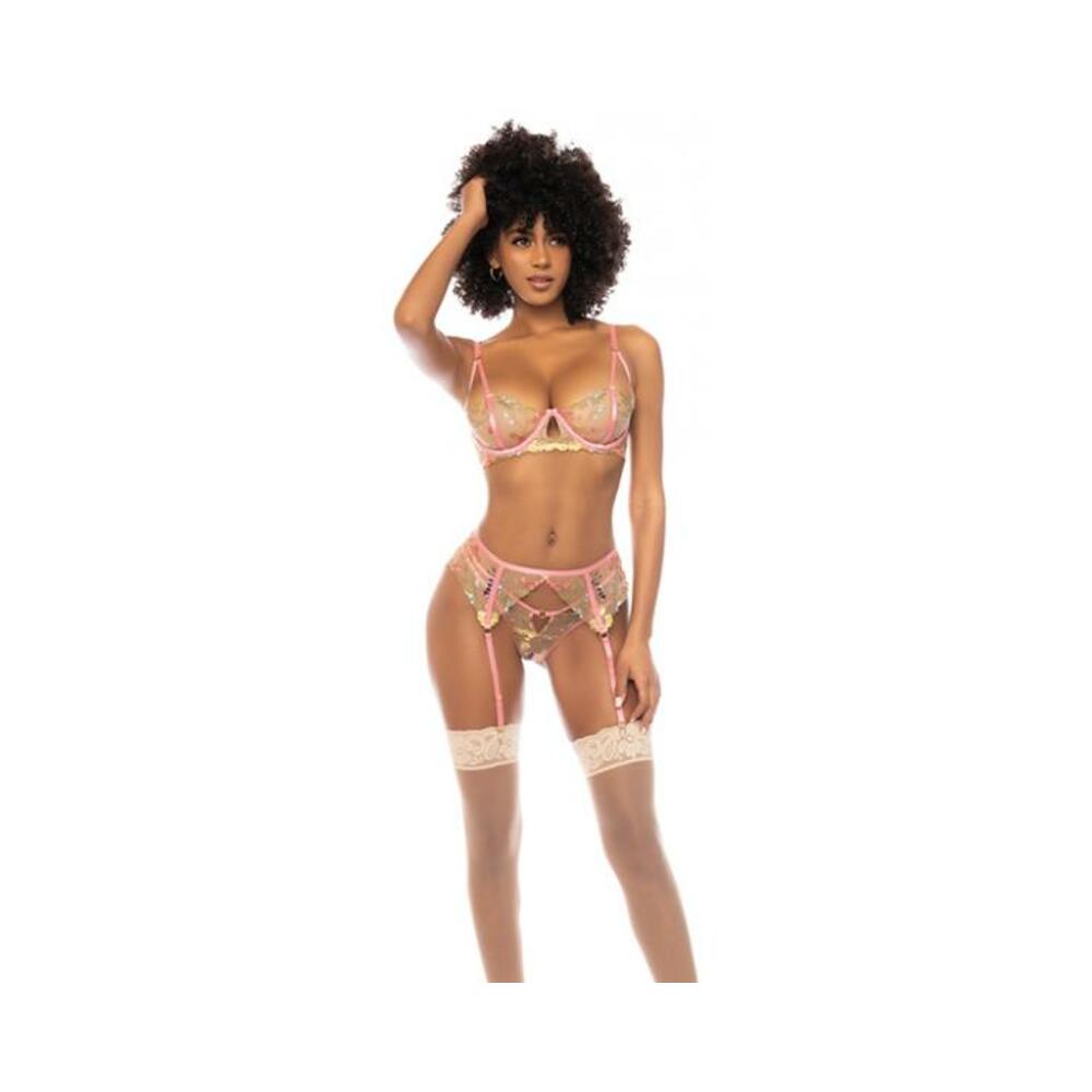 Floral Embroidered Underwire Bralette W/garter & Thong Panty Pink X-large