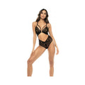 Lace & Mesh Teddy W/front Clasp & Lace Up Back Black S/m