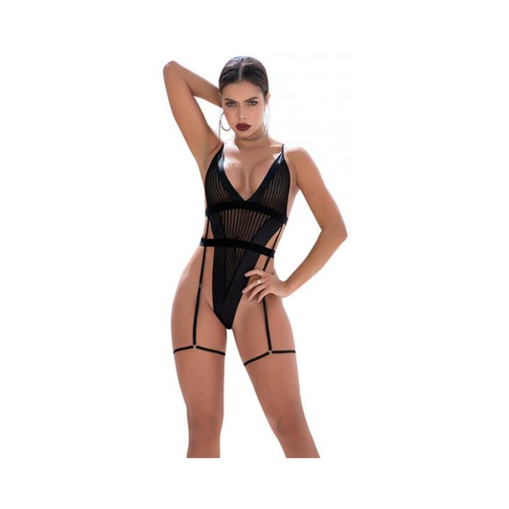 Shadow Panel Bodysuit W/hook & Eye Crotch Closure & Attached Garters Black S/m