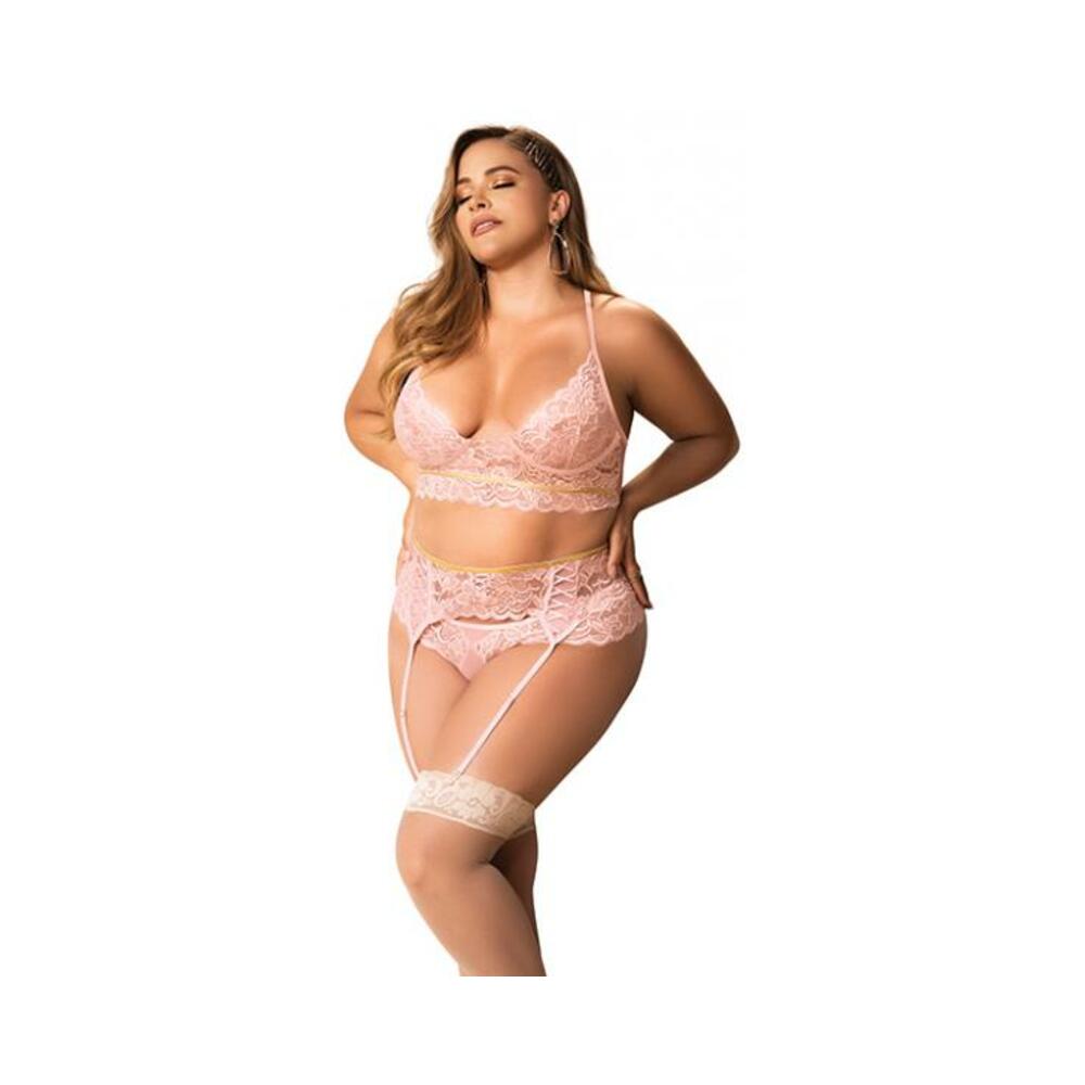 Lace Underwire Bra, Thong & Garterbelt W/lace Up Detail Rose 1x/2x