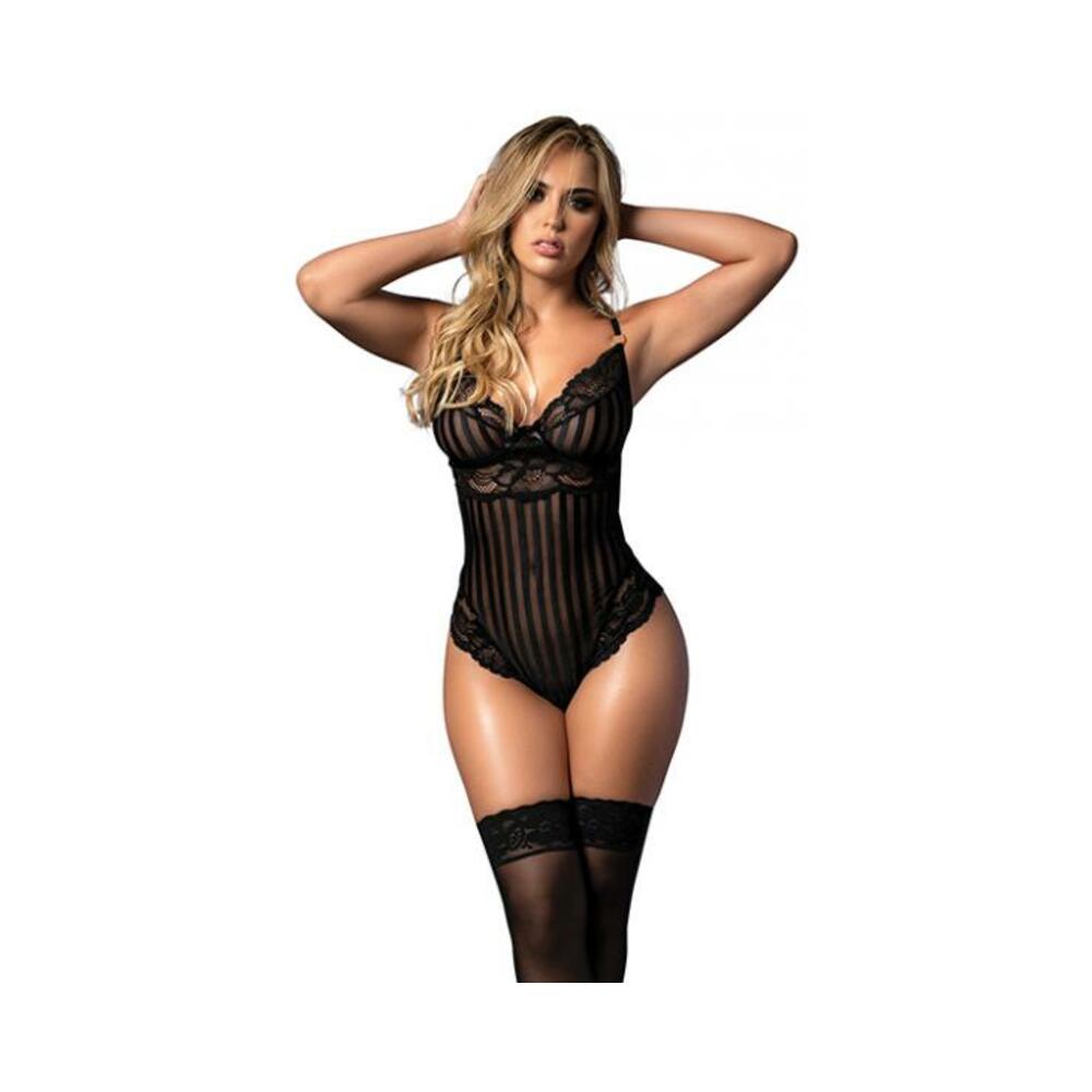 Shadow Stripe & Lace Teddy W/hook & Eye Closure Black Lg