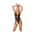 Sheer Mesh & Animal Pattern Lace Teddy W/garter Belt & Adjustable Crotch Closure Black S/m