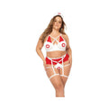 3 Pc Nurse Underwire Top, Open Back Bottom W/attached Garterbelt & Head Piece Red/wht 1x/2x