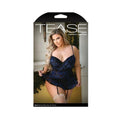 Tease Elle Floral Burnout Velvet Skirted Bustier, Matching Panty & Removable Garters Navy 1x/2x