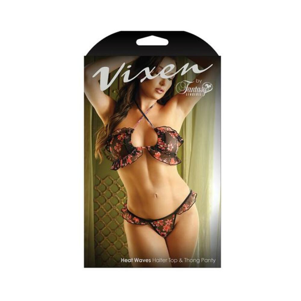 Vixen Heat Waves Floral Print Ruffled Bralette & Matching Thong Panty Black L/xl
