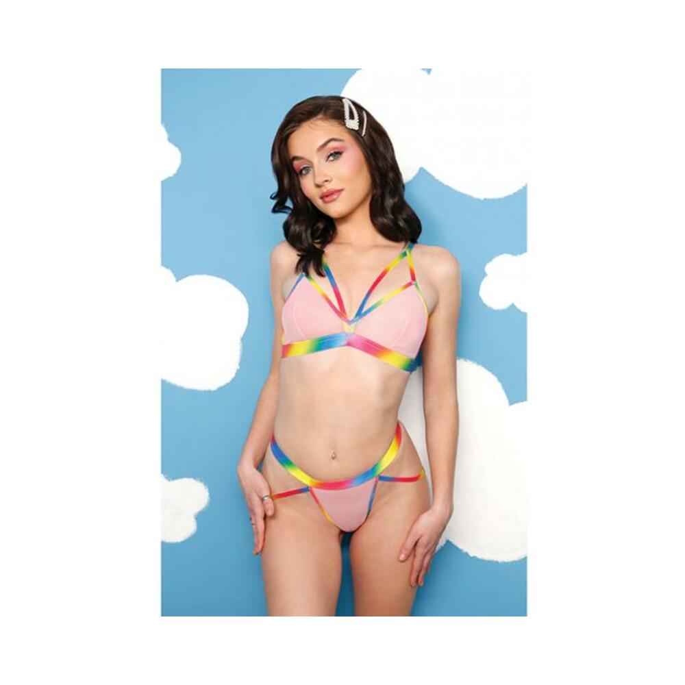 Vibes Make It Rain Caged Bralette & Panty W/booty Rainbow M/l