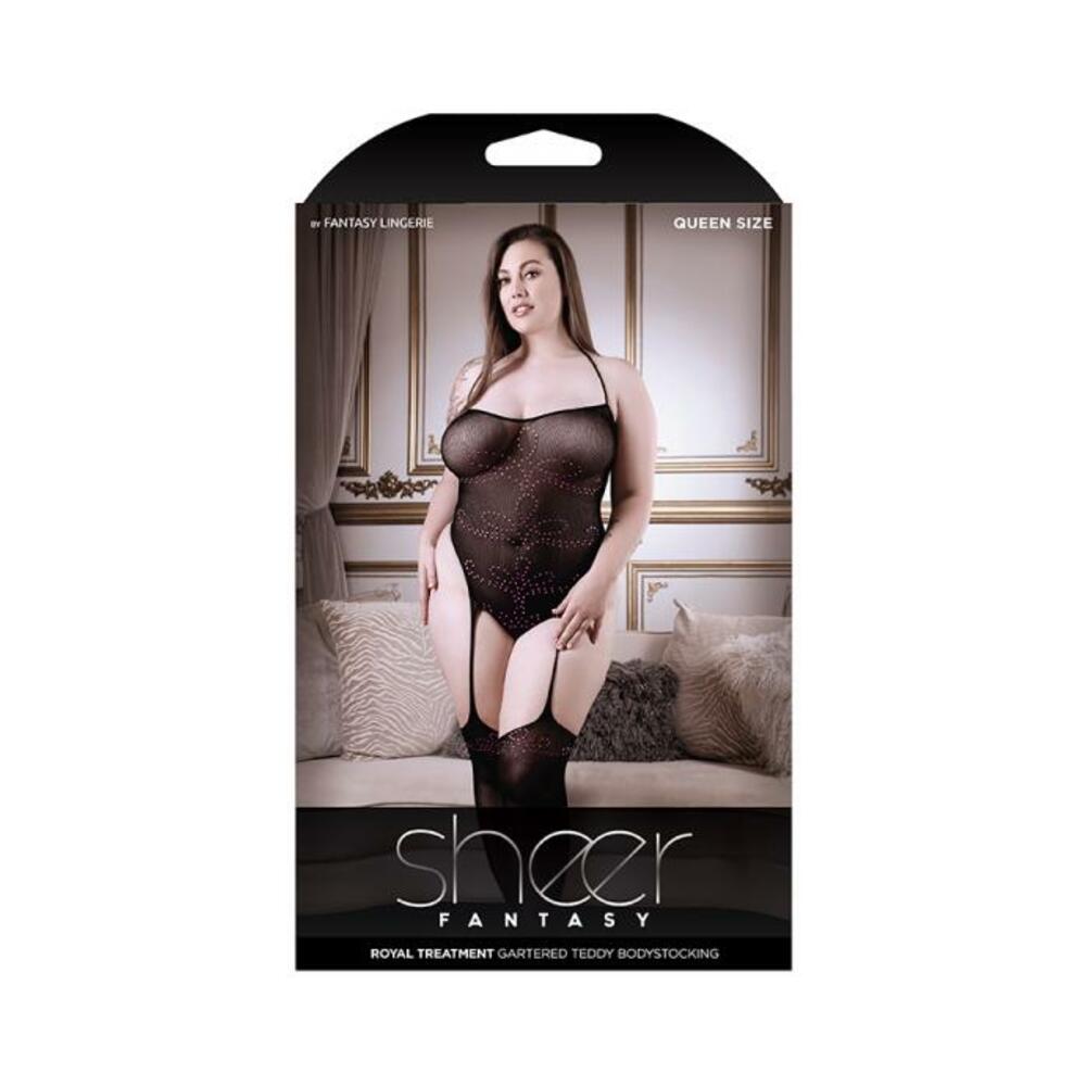 Sheer Royal Treatment Gartered Rhinestone Detail Teddy Bodystocking Black Queen