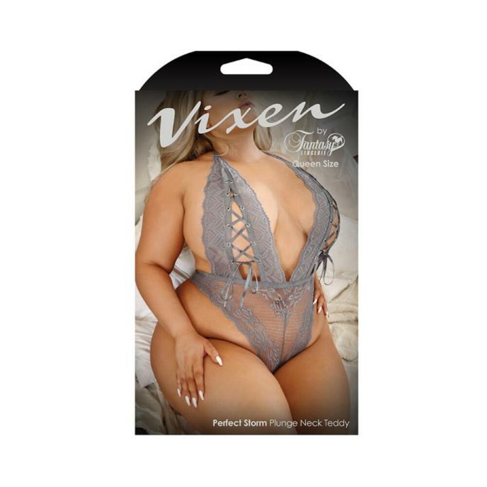 Vixen Perfect Storm Lace Plunge Teddy With Lace-up Detail Gray Queen