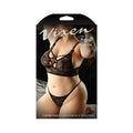 Vixen Call Me Yours Longline Bralette With Grommets & Thong Panty Black Queen