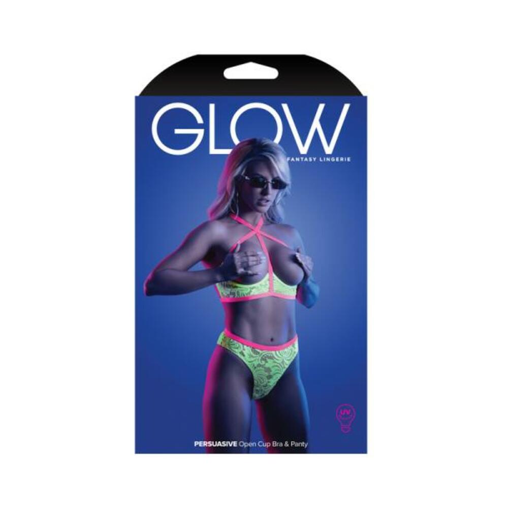 Fantasy Lingerie Glow Persuasive Contrast Elastic Open Cup Lace Cage Bra & Panty Neon Green S/m