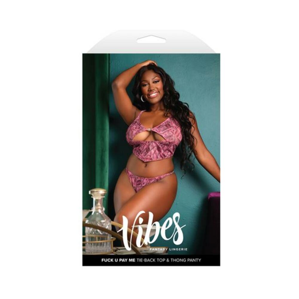 Fantasy Lingerie Vibes Fuck U Pay Me Money-print Sparkle Mesh Top & Thong Queen Size
