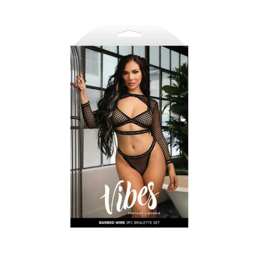 Fantasy Lingerie Vibes Barbed Wire Fishnet Bralette, Shrug & Panty S/m
