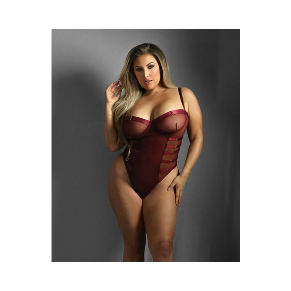 Edge Crotchless Underwire Mesh Teddy W/ Strappy Open Back - Burgundy Qn