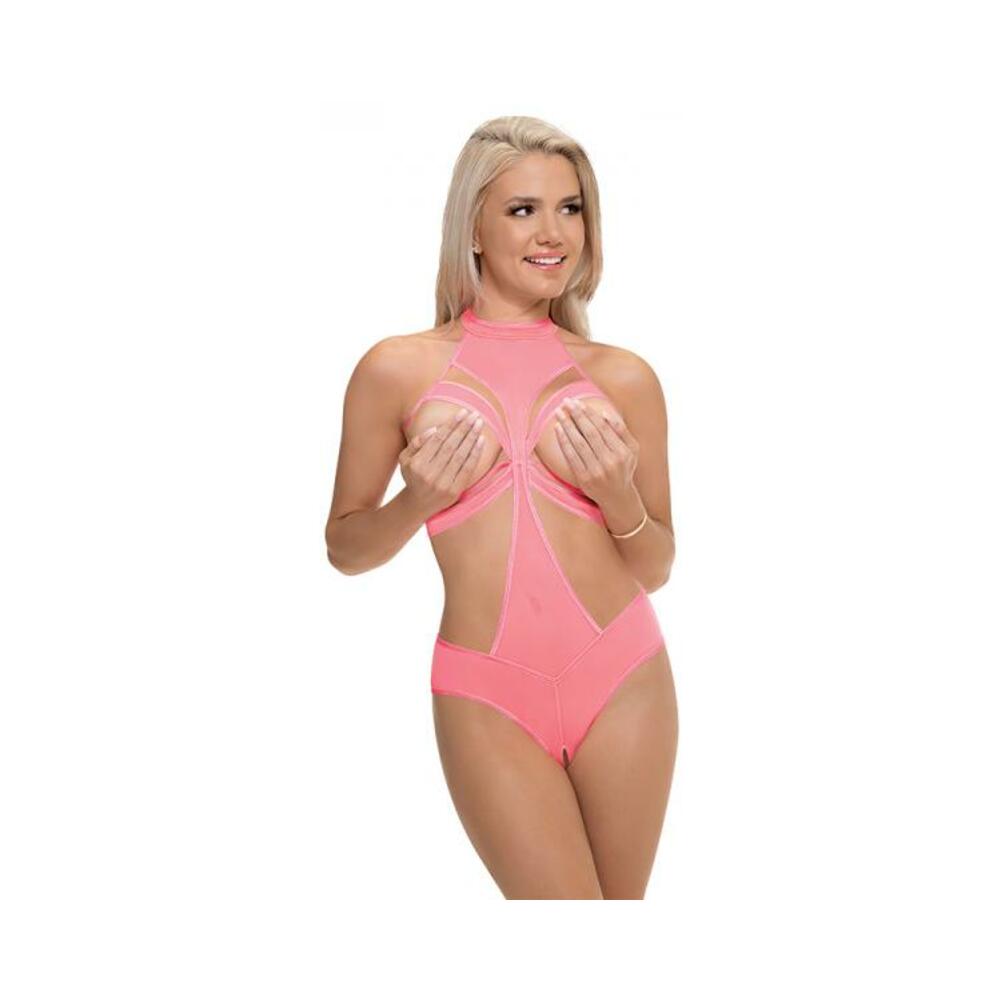 Magic Silk Forever Mesh Cupless & Crotchless Halter Teddy With Split-back Coral L/xl