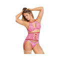 Magic Silk Tickled Pink High-neck Bra, Gartered Waist Cincher & Thong Set Pink S/m