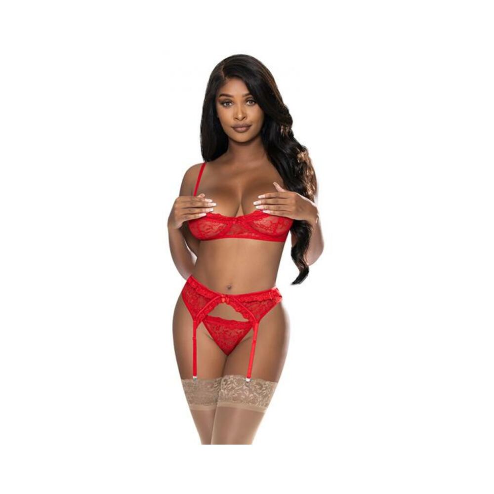 Magic Silk Ooh La Lace Demi Bra, Garter & Tanga Set Red L/xl