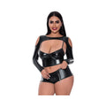 Magic Silk Liquid Onyx Camisole, Longsleeve Shrug & Short Set Black Queen