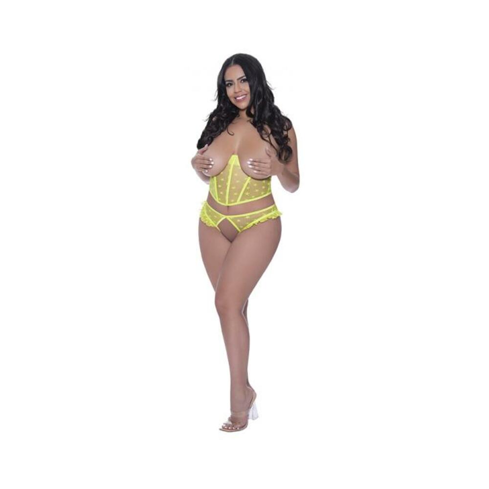 Magic Silk Love Star Cupless Bustier & Open Crotch Panty Set Neon Chartreuse Queen Size