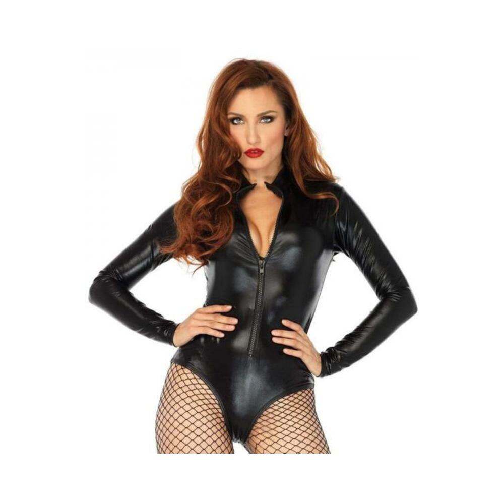 Wet Look High Neck Zipper Front Romper Black Large