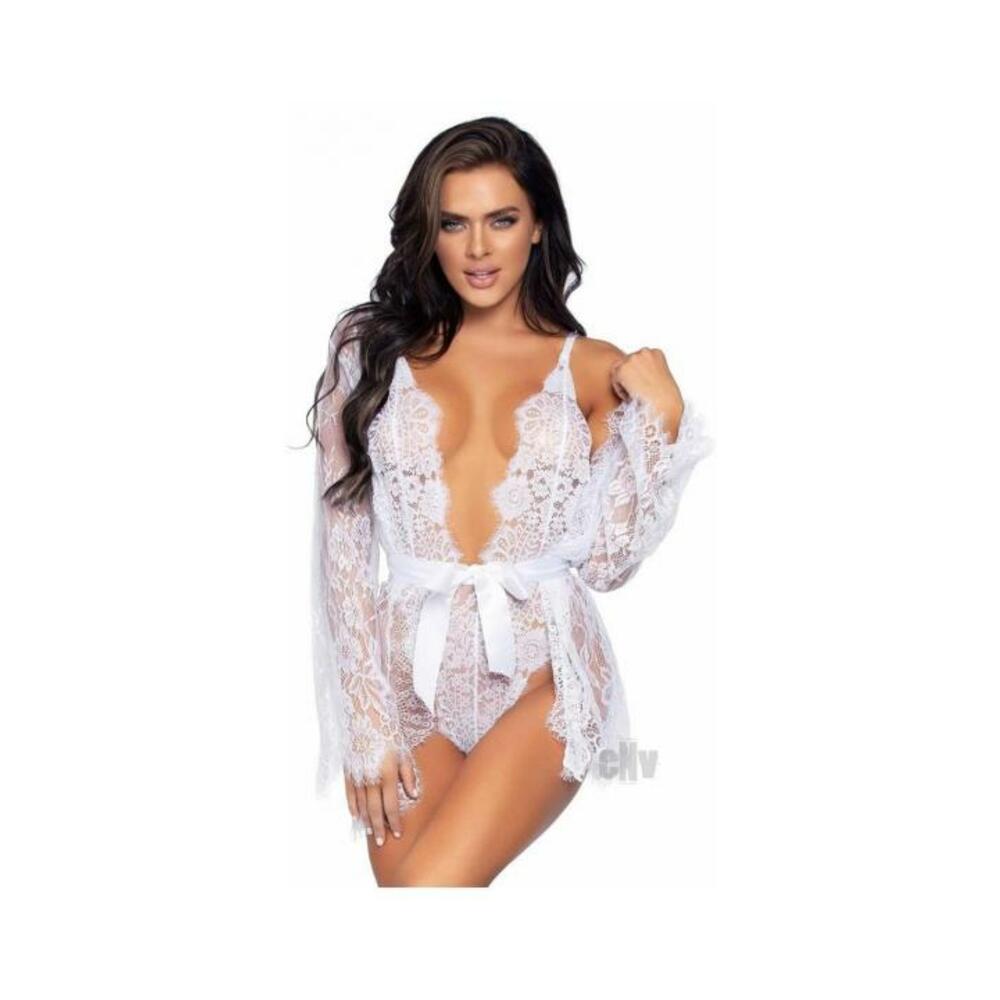Floral Lace Teddy Thong Robe Tie Sm Wht