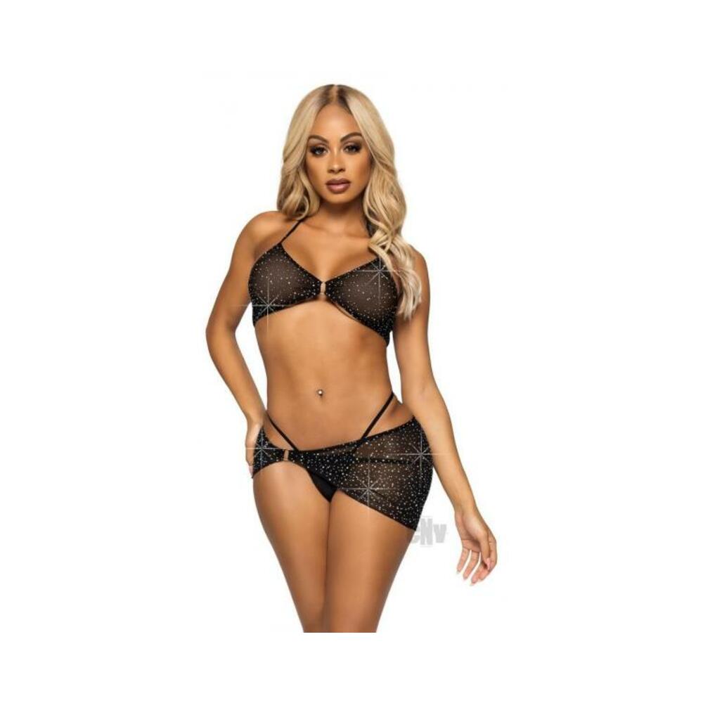 Rhinestone Bra Gstring Sarong 3pc Md Blk