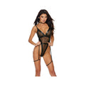 Mesh & Stretch Faux Leather Teddy W/garters - Black Lg
