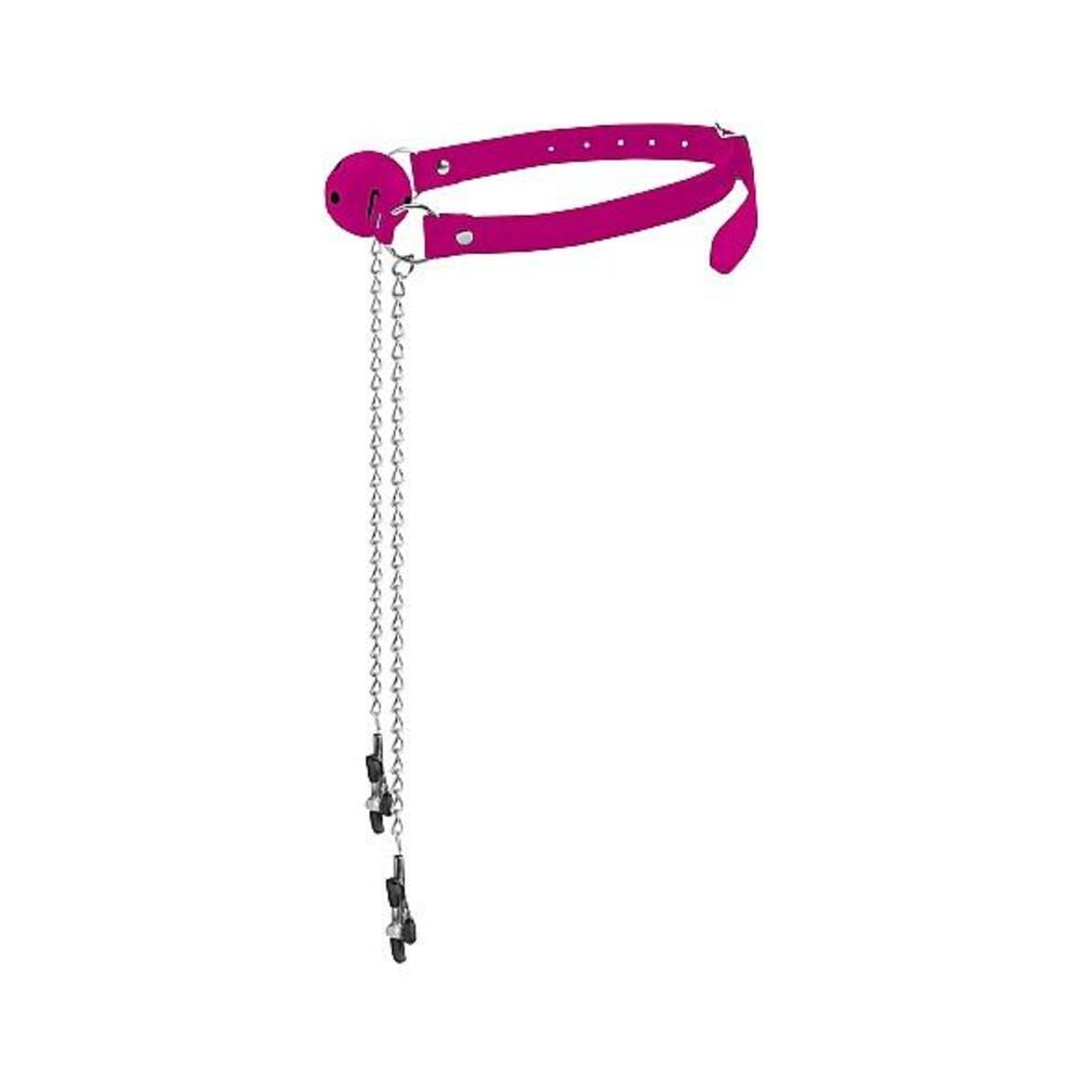 Ouch Ball Gag W/nipple Clamps Pink
