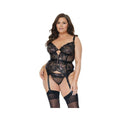 Metallic Stretch Lace Garter Belt Bustier W/lace Up Closure & Thong Black/rose Gold 1x/2x