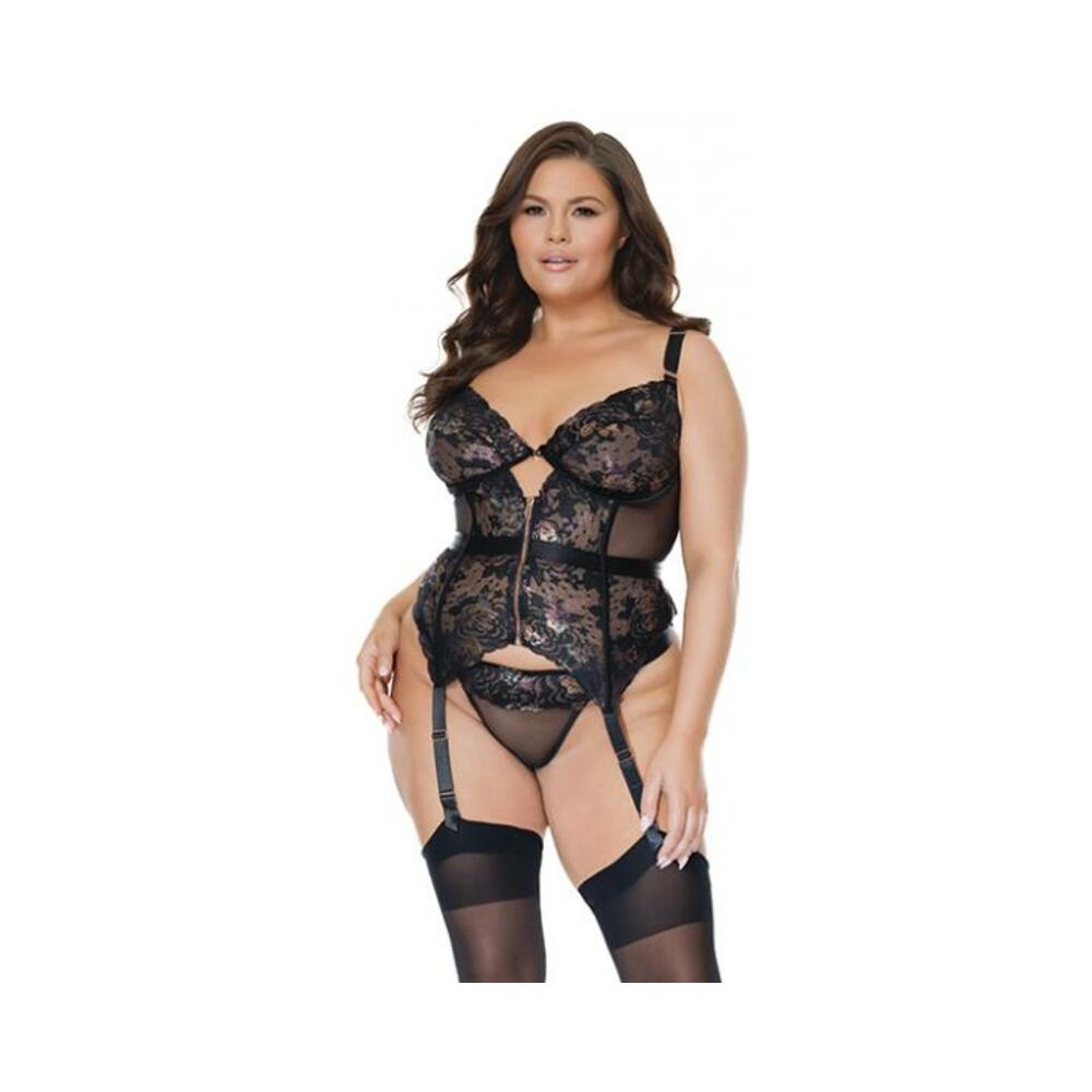 Metallic Stretch Lace Garter Belt Bustier W/lace Up Closure & Thong Black/rose Gold 1x/2x