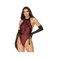 Dreamgirl High-neck Mesh Teddy & Garter Body Harness Burgundy Black M