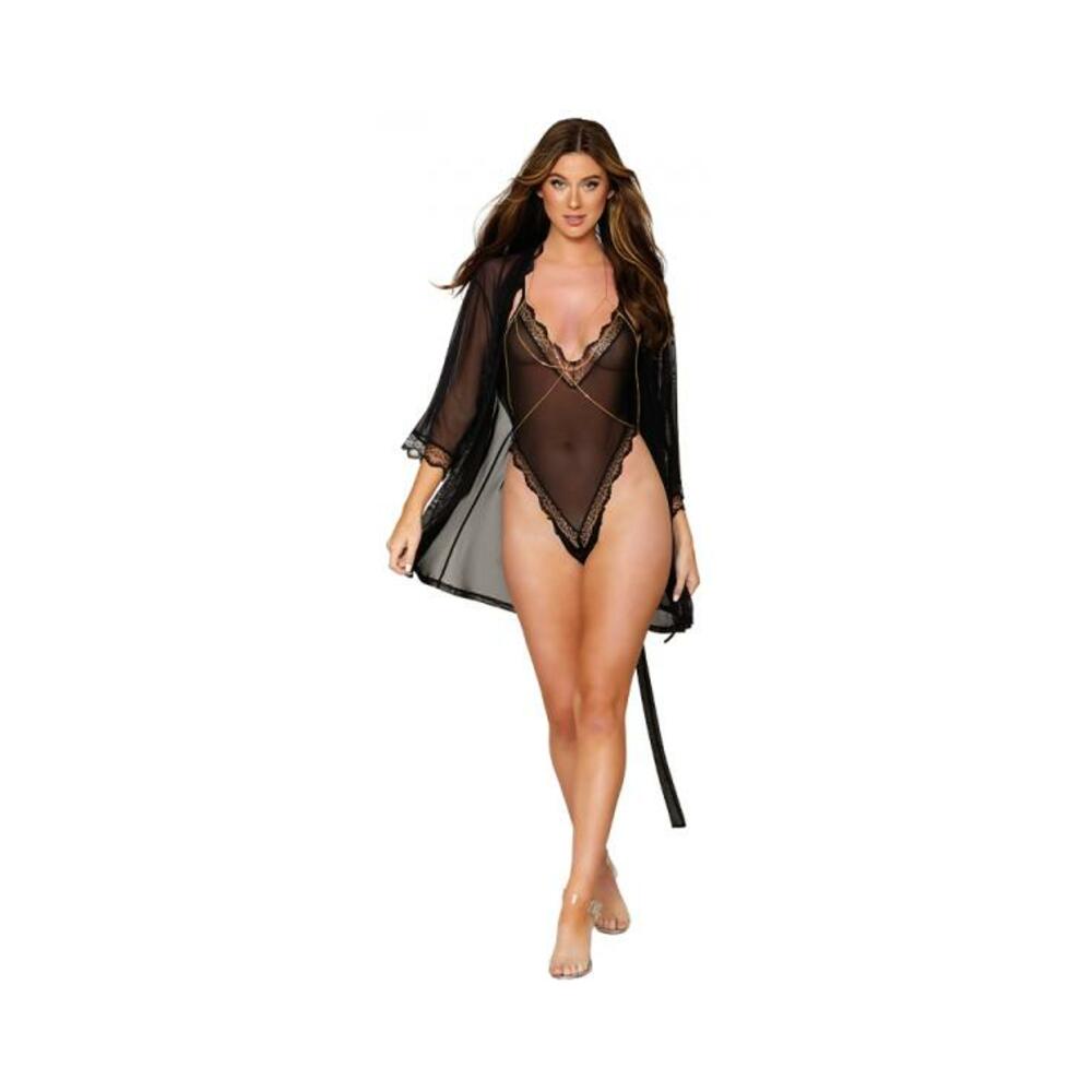 Dreamgirl Mesh Robe & Strappy Back Teddy With Lace Trim Black L Hanging