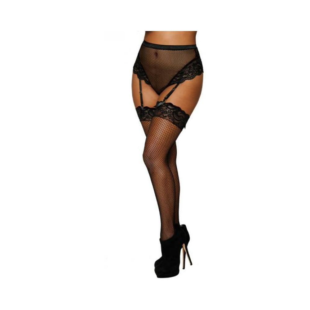 Dreamgirl High-waist Fishnet And Lace Gartered Thong With Keyhole Ribbon-tie Back Black Xl