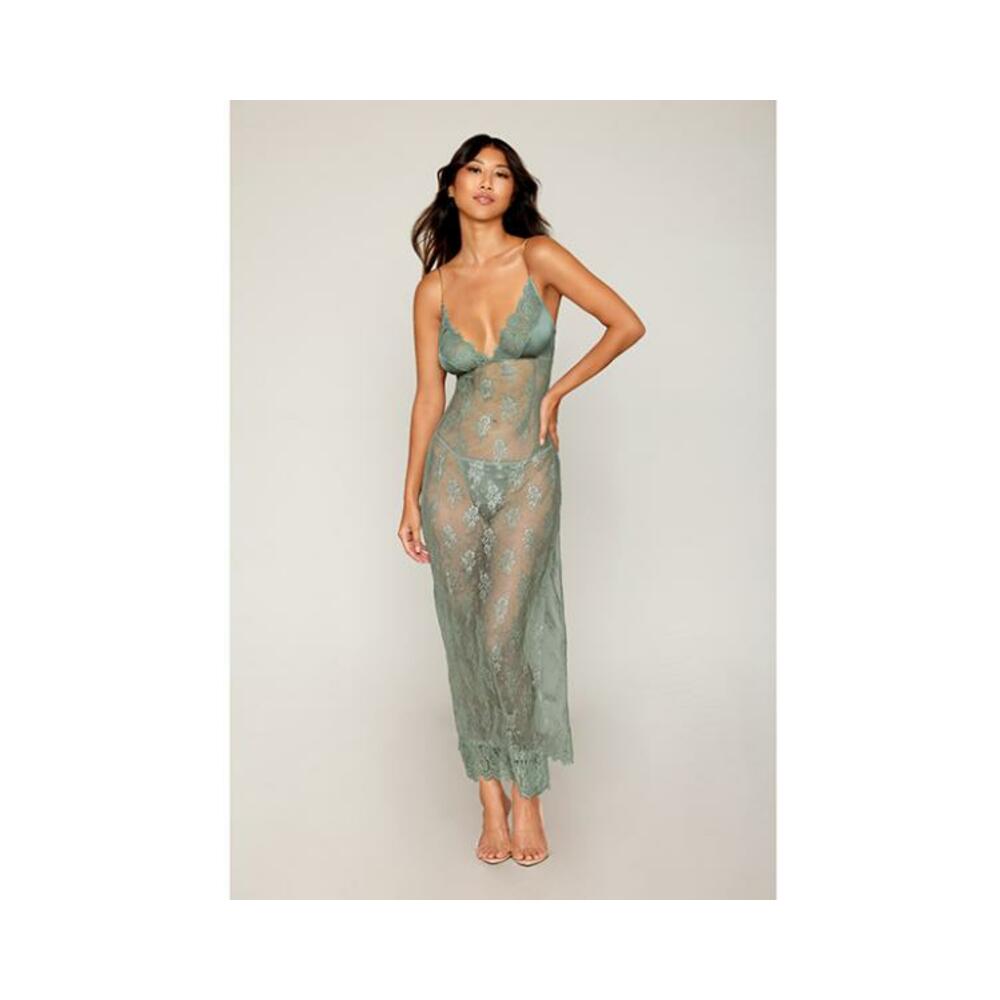 Eyelash Lace & Satin Long Chemise W/g-string - Sage Green Md