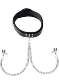Black Leather Collar With Broad Tip Nipple Clamps