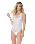 Stretch & Scallop Lace Crotchless Teddy White O/s