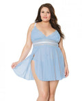 Scallop Stretch Lace & Mesh Babydoll & Thong Light Blue/white 3x/4x