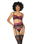 Scallop Stretch Lace & Sheer Nylon Bra, Garter Belt & G-string Black/fuchsia Md