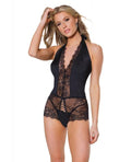 Holiday Stretch Eyelash Lace Halter Crotchless Teddy W/lace Up Detail Black O/s