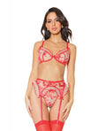 Holiday Embroidered Tulle Bra W/ruffled Trim, Garter Belt & G-string Red/nude Sm