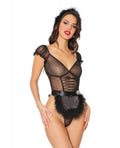 Holiday Mistletoe Maid Stretch Mesh Teddy, Marabou Trimmed Apron & Headband Black O/s
