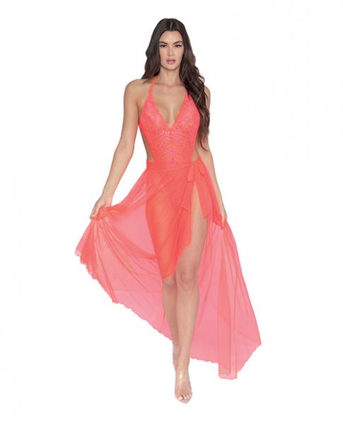 Simply Sexy Stretch Lace Teddy & Sheer Mesh Maxi Skirt W/adjustable Straps & G-string Coral Md
