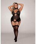 Scalloped Stretch Lace, Snap Crotch Gartered Teddy Black 2x