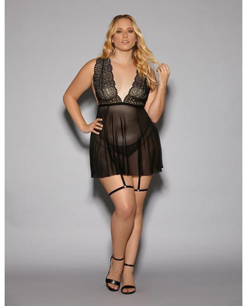 Euphoria Babydoll W/attached Leg Garters Black Qn