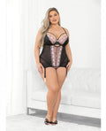 Embroidered Hearts Lace & Mesh Bustier Black/pink 2x