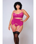 Soft Lace Bra, High Waist Satin & Mesh Garterbelt & G-string Fuchsia 2x