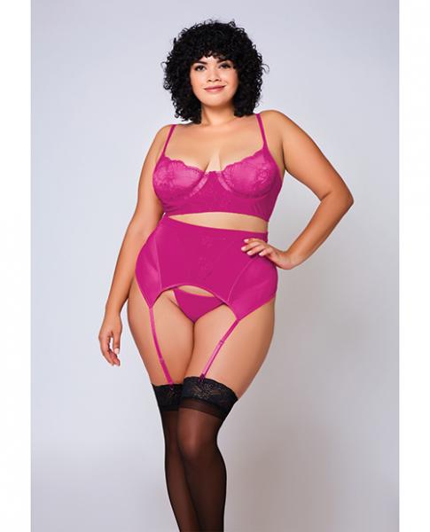 Soft Lace Bra, High Waist Satin & Mesh Garterbelt & G-string Fuchsia 2x