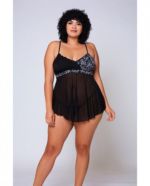 Galloon Lace, Micro Fiber & Fine Mesh Soft Cup Babydoll W/g-string Navy/black 1x